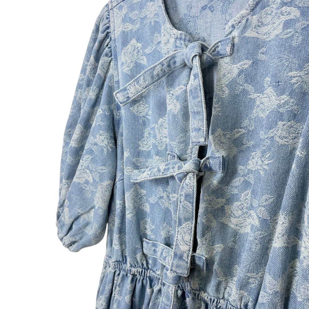 Miou Muse Denim + Roses Bow Front A-Line Mini Dress Puff Sleeves Blue Size S - Picture 4 of 13